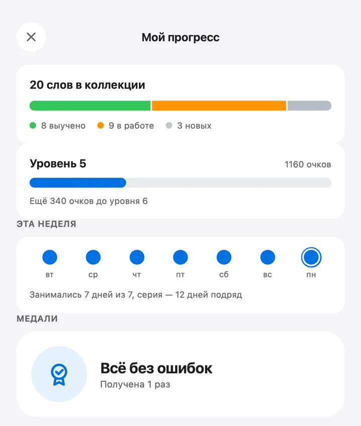 Экран прогресса: 20 слов в коллекции, уровень 5, семь дней занятий подряд